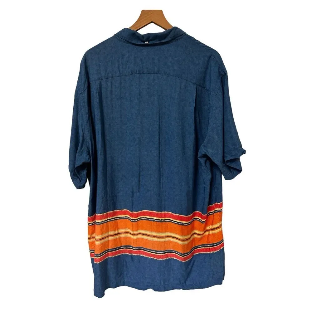 Ralph Lauren Stripe Blue Orange Short Sleeve 100% Viscose Hawaiian Shirt Large‎